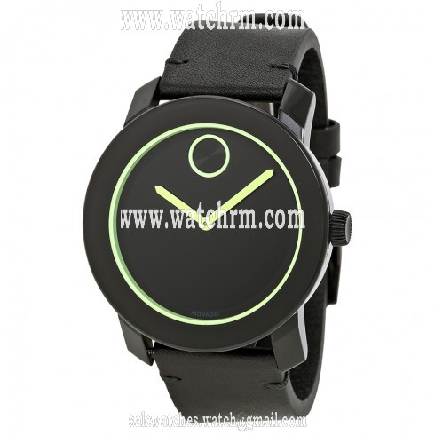 Movado Bold Black Dial Green-tone Hands Black Leather Strap Men's Quartz Watch 3600273