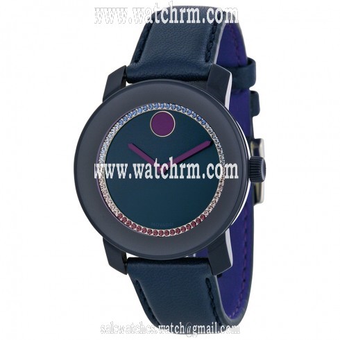 Movado Bold Blue Crystal-set Dial Navy Leather Ladies Watch 3600228