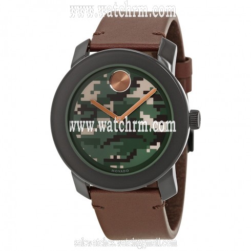 Movado Bold Camouflage-Print Dial Brown Leather Strap Black Stainless Steel Men's Quartz Watch 3600302