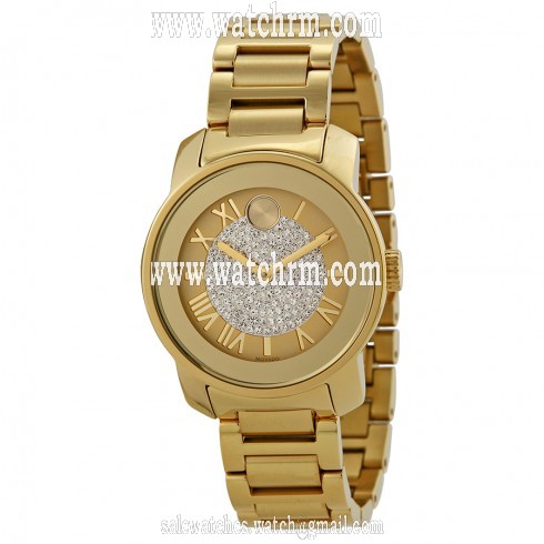 Movado Bold Gold Pave Dial Stainless Steel Ladies Watch 3600255