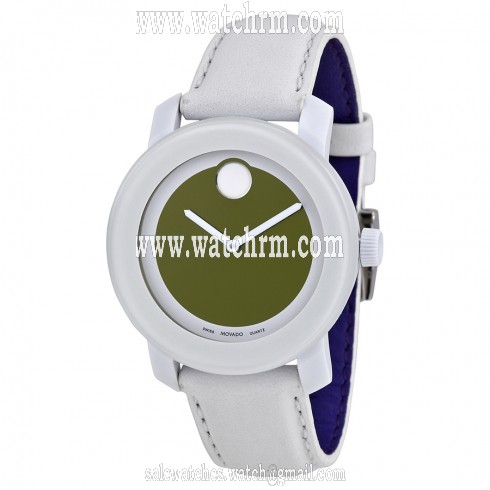 Movado Bold Green Dial White Leather Strap Ladies Watch 3600051