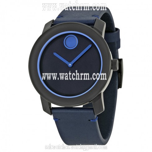 Movado Bold Navy Blue Dial Blue Leather Band Navy Blue Stainless Steel Case Men's Quartz Watch 3600317