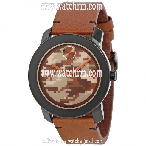 Movado Bold Brown and Beige Camouflage-Print Dial Brown Leather Black Stainless Steel Case Men's Quartz Watch 3600301