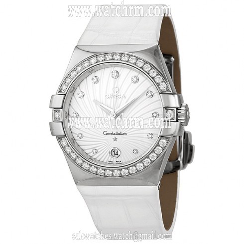 Omega Constellation White Diamond Dial Stainless Steel White Alligator Ladies Watch 123.18.35.60.52.001