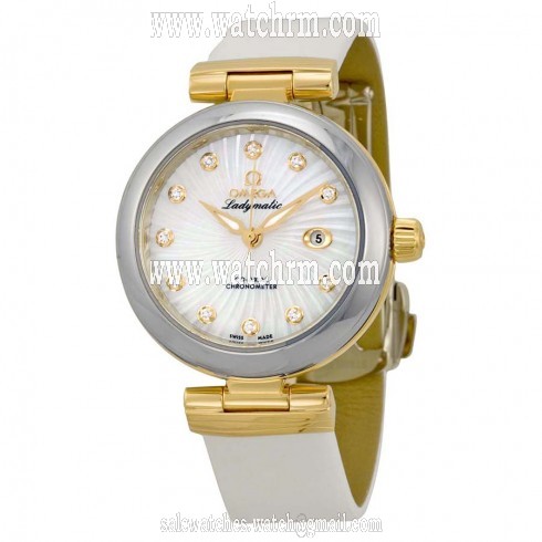 Omega De Ville Ladymatic Mother of Pearl White Leather Ladies Watch 42522342055002