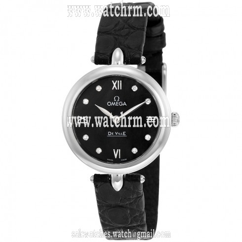 Omega De Ville Prestige Black Diamond Dial Leather Strap Ladies Watch 424.13.27.60.51.001