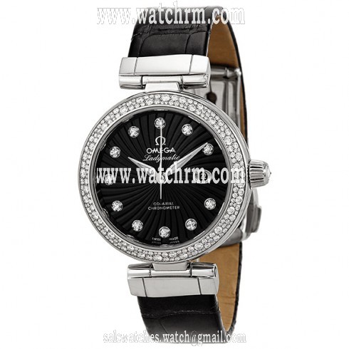Omega DeVille Ladymatic Black Diamond Dial Stainless Steel Black Leather Ladies Watch 425.38.34.20.51.001