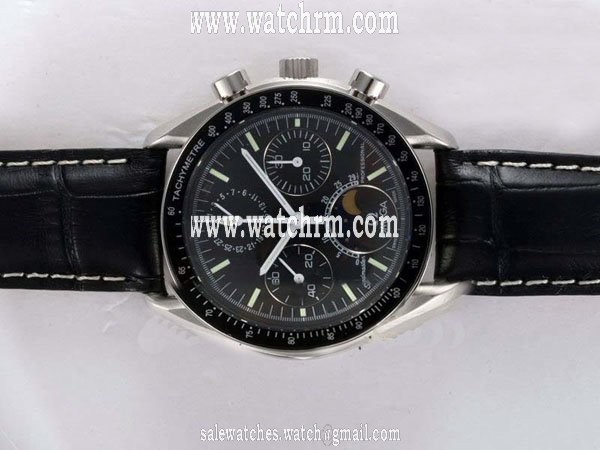 Omega Speedmaster Moon Phase 3576.50.00 Black Dial Round Black Crocodile Leather Strap Watch