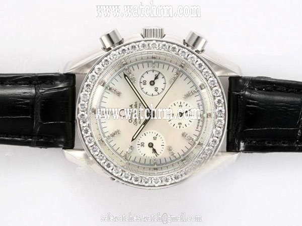 Omega Speedmaster Reduced 3815.70.36 Diamond Bezel Black Cow Leather Strap White Dial Watch