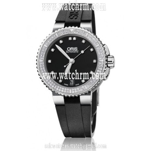 Oris Aquis Date Diamond Black Dial Black Rubber Ladies Watch 01 733 7652 4994-07 4 18 34