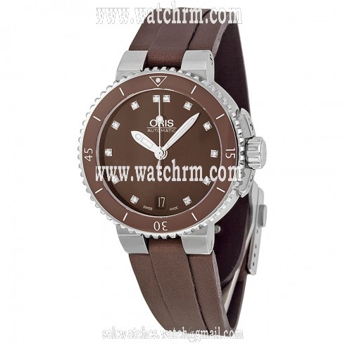 Oris Aquis Date Diamonds Brown Dial Brown Textile Ladies Watch 01 733 7652 4192-07 5 18 12FC