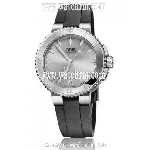 Oris Aquis Date Silver Dial Dark Grey Textile Ladies Watch 01 733 7652 4141-07 5 18 14FC