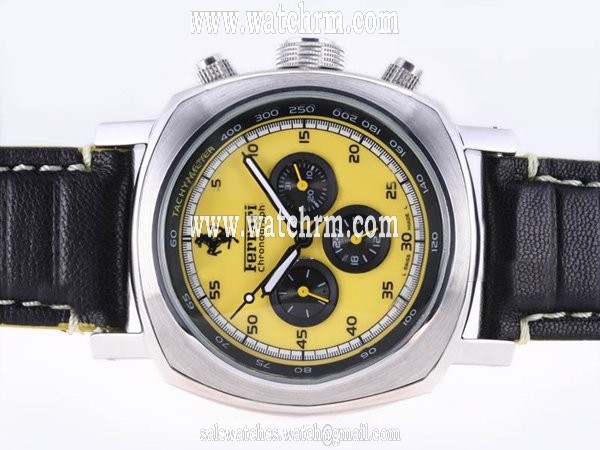 Panerai Ferrari Granturismo FER 00013 Round Yellow Dial Black Ostrich Leather Strap Watch