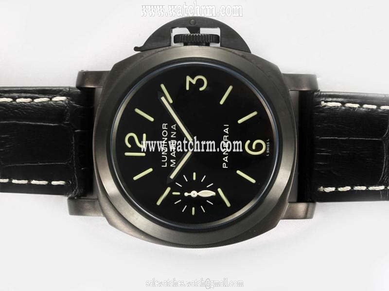 Panerai Luminor PAM 111 Black Dial PVD Bezel Black Ostrich Leather Strap Watch