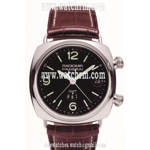 Panerai Radiomir GMT Black Dial Stainless Steel Brown Leather Men's Watch PAM00355