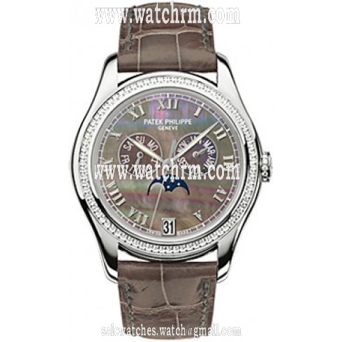 Patek Philippe Black Mother of Pearl Dial 18kt White Gold Brown Leather Automatic Diamond Ladies Watch 4936G-001