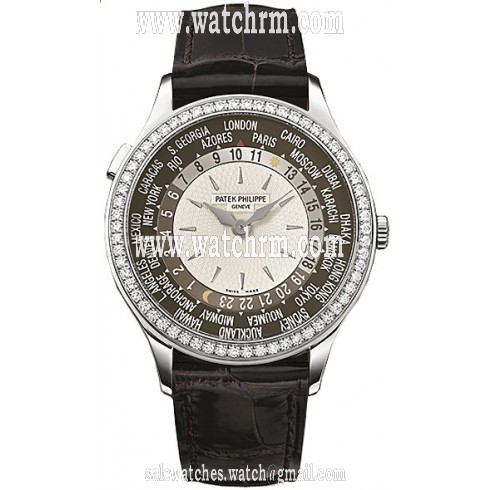 Patek Philippe Brown and Ivory Dial 18kt White Gold Diamond Brown Leather Ladies Watch 7130G-001