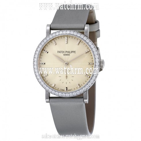 Patek Philippe Calatrava Cream Guilloche Dial 18K White Gold Diamond Ladies Watch 7120G-001