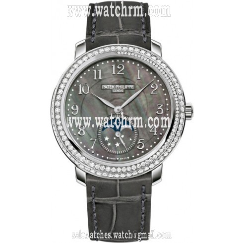 Patek Philippe Complications Black Mother of Pearl Dial Diamond Bezel 18kt White Gold Leather Ladies Watch 4968G-001