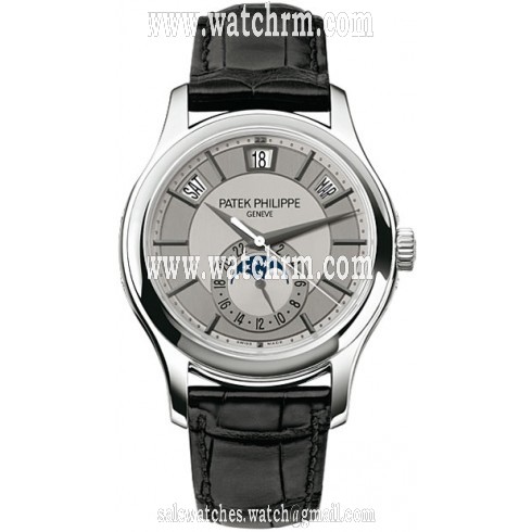 Patek Philippe Complications Grey Dial 18k White Gold Black Leather Men's Watch 5205G-001