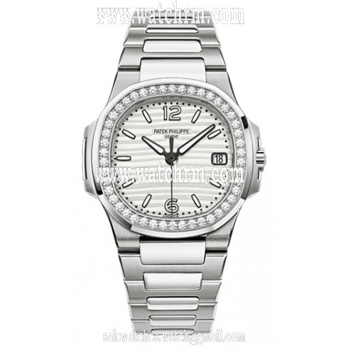 Patek Philippe Nautilus Silvery White Dial Ladies 18 Carat White Gold Set With Diamonds Watch 7010/1G-011