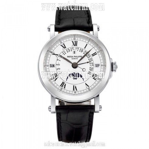 Patek Philippe Perpetual Calendar Silver Dial 18kt White Gold Black Leather Men's Watch 5059G