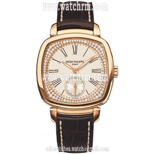Patek Philippe Silver Dial 18kt Rose Gold Diamond Brown Leather Ladies Watch 7041R