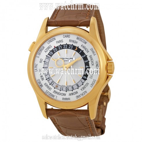 Patek Philippe World Time Silver Dial 18kt Yellow Gold Brown Leather Men's Watch 5130J