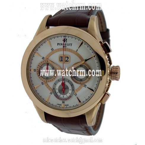 Perrelet Big Date Chronograph White Dial Brown Leather 18kt Rose Gold Men's Watch A3001/3