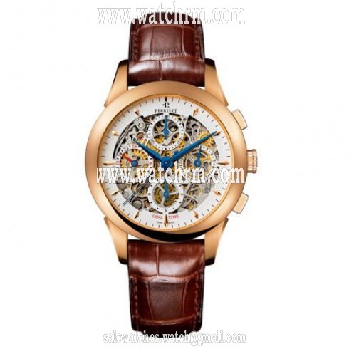 Perrelet Dual Time Chronograph Skeleton Dial Brown Leather Men's Watch A3007/7