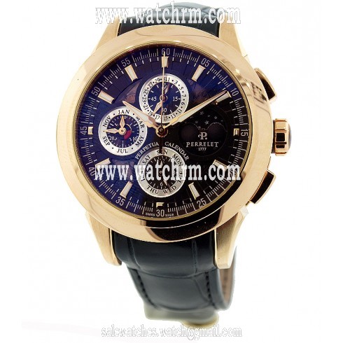 Perrelet Perpetual Calender Moonphase Transparent Black Dial Black Leather Men's Watch A3023/1