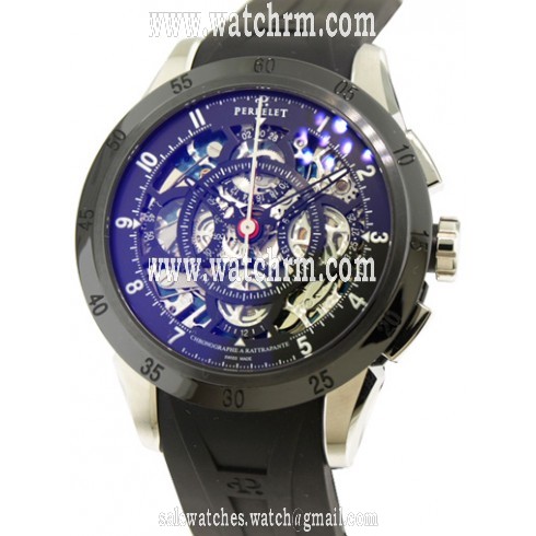 Perrelet Split Second Chronograph Skeleton Dial Black Rubber Strap Men's Watch A1043-2