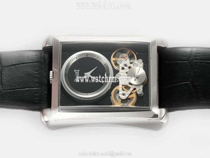 Piaget Emperador Coussin Tourbillon 19745 Black Cow Leather Strap Black Dial Rectangle Watch