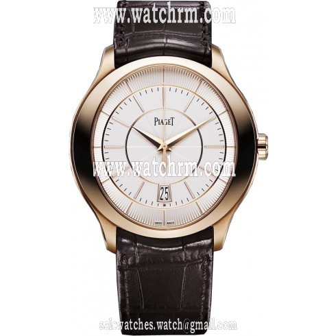 Piaget Gouverneur Silver Guilloche Dial 18kt Rose Gold Brown Alligator Leather Men's Watch GOA37110