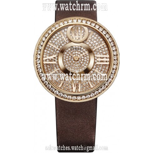 Piaget Limelight Dancing Light Diamond Pave Dial 18kt Rose Gold Brown Leather Men's Watch GOA37157