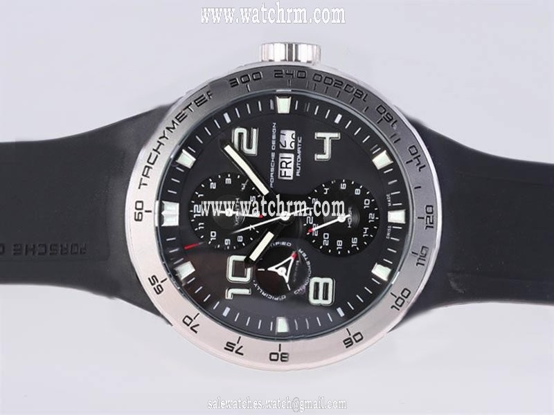 Porsche Design Flat 6 Chronograph 16011 43mm Black Rubber Strap Black Dial Watch