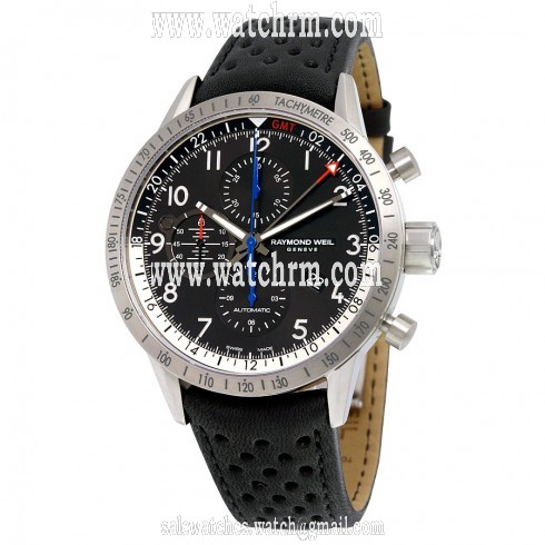 Raymond Weil Freelancer Chronograph GMT Automatic Black Dial Black Leather Men's Watch 7754-TIC-05209