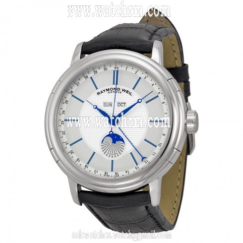 Raymond Weil Maestro Moonphase Automatic Silver Dial Black Leather Men's Watch 2869-STC-65001