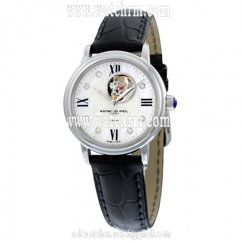 Raymond Weil Maestro Mother of Pearl Diamond Dial Black Leather Ladies Watch 2627-STC-00994
