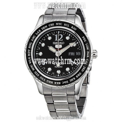 Seiko 5 Black Dial Stainless Steel World Cities Ladies Watch SRP367