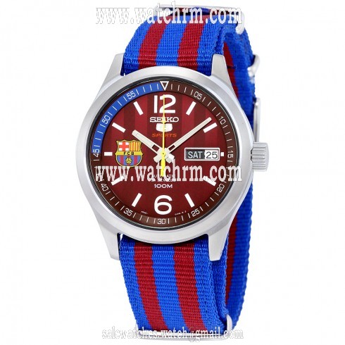 Seiko 5 F.C. Barcelona Automatic Burgundy Dial Striped Nylon Strap Men's Watch SRP305