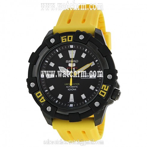 Seiko 5 Limited Edition Black Dial Yellow Rubber Band Unisex Watch SRP509