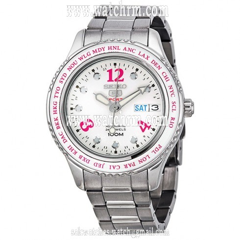 Seiko 5 Silver Dial Stainless Steel World Cities Ladies Watch SRP365