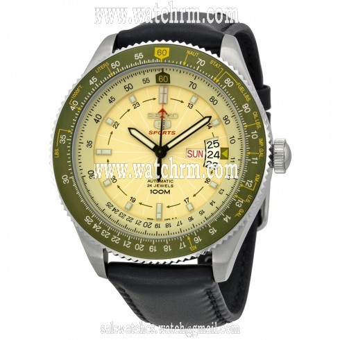Seiko 5 Sports Automatic Beige Dial Black Lerather Men's Watch SRP615