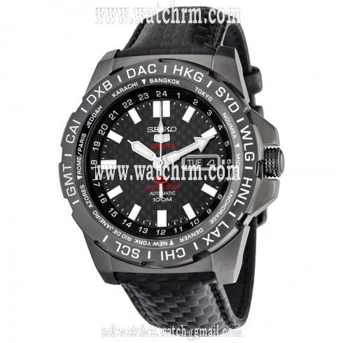 Seiko 5 Sports Automatic Black Carbon Fiber Dial Black Leather Men's Watch SRP723K1S