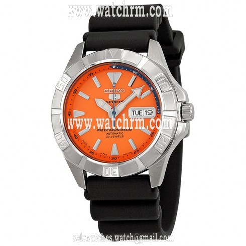 Seiko 5 Sports Automatic Orange Dial Stainless Steel Black Rubber Men's Watch SNZD29J1