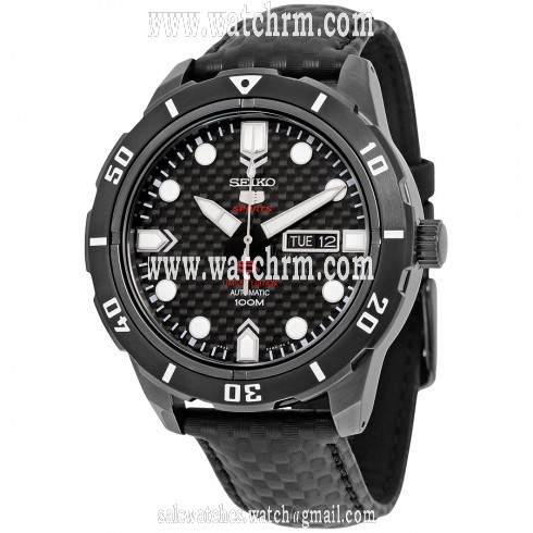 Seiko 5 Sports Black Carbon Fiber Dial Black Leather Men's Watch SRP721K1S