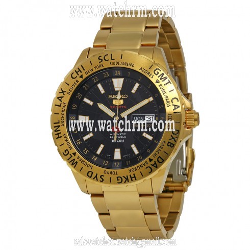 Seiko 5 Sports Black Dial Gold-Tone Stainless Steel Men's Watch SRP440