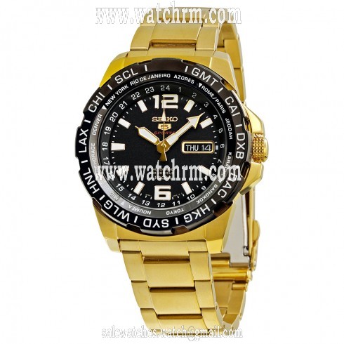 Seiko 5 Sports Black Dial Gold-tone Stainless Steel Men's Watch SRP690