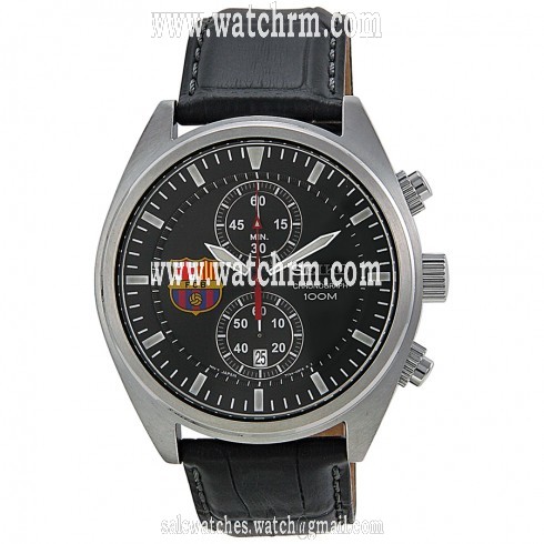 Seiko Barcelona Football Club Chronograph Black Dial Black Leather Men's Watch  SNN269